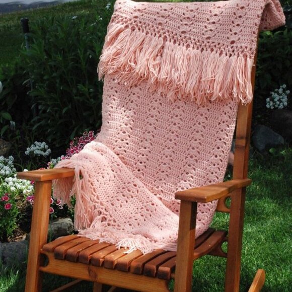 Shabby Cottagecore Crocheted Fringed Afghan Throw - Picture 3 of 3